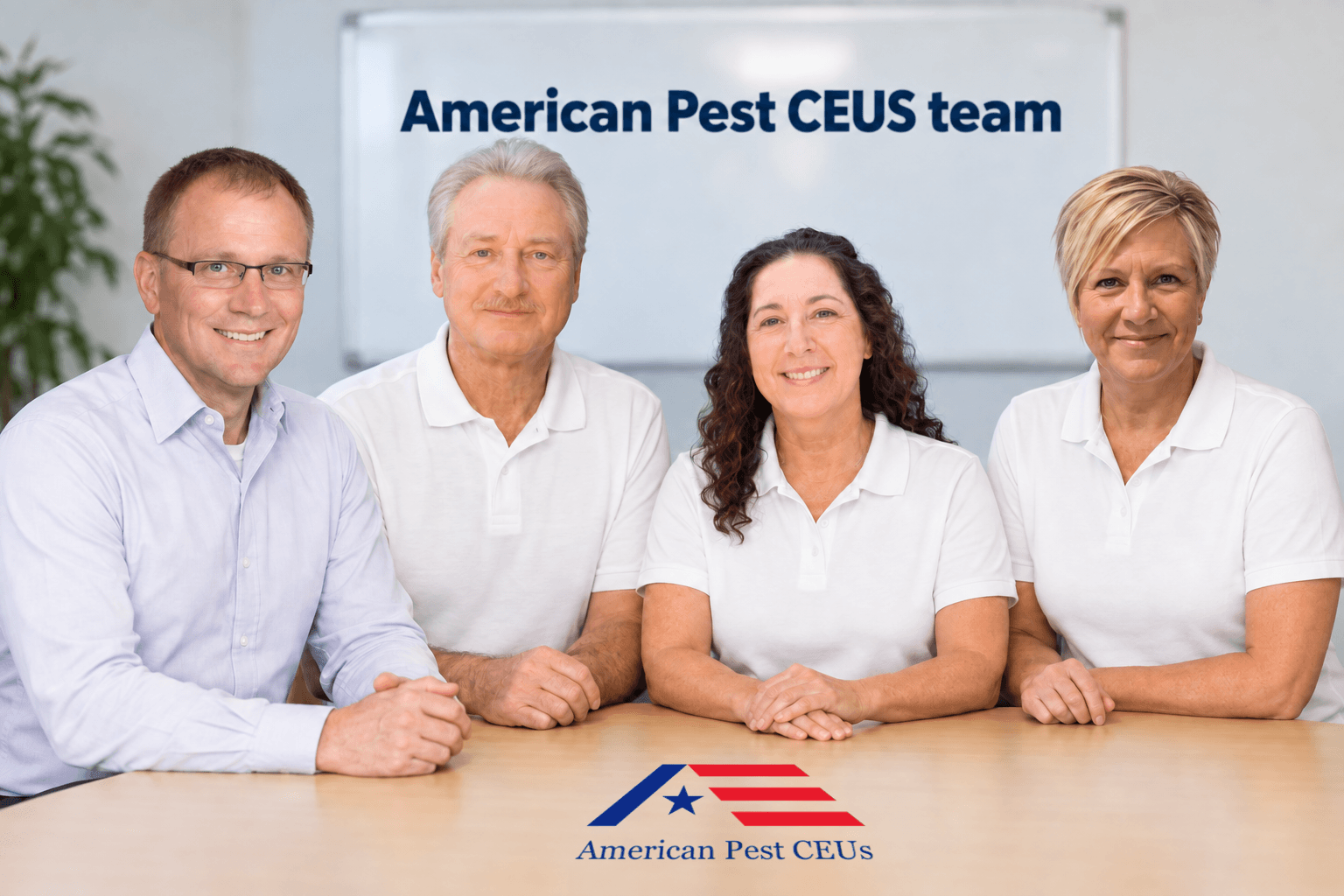 American Pest CEUs team seated together at a table with the company logo.