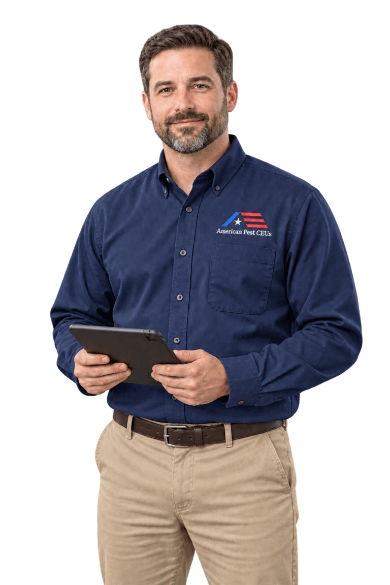 Pest control technician in a long-sleeve American Pest CEUs uniform holding a tablet