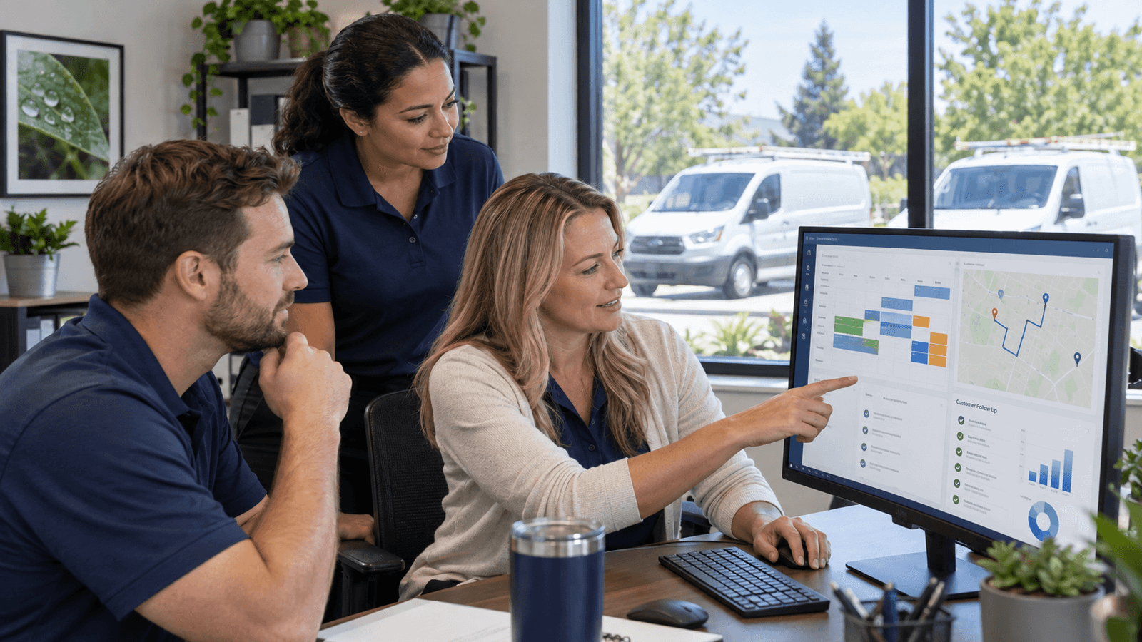 Pest control office team reviewing scheduling, customer follow-up and performance dashboards with service vans outside