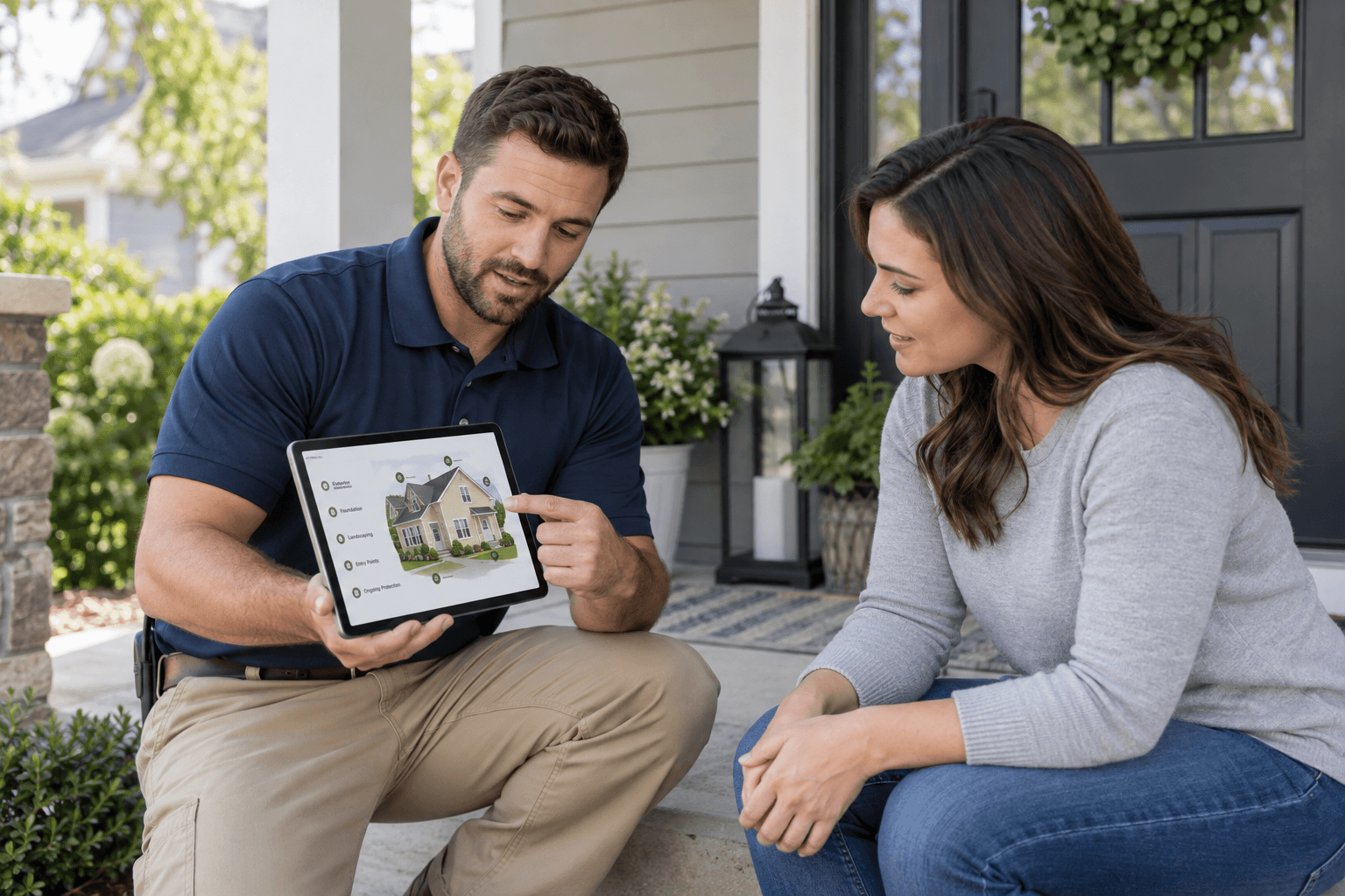 Pest control professional presenting a home protection plan on a tablet to a homeowner