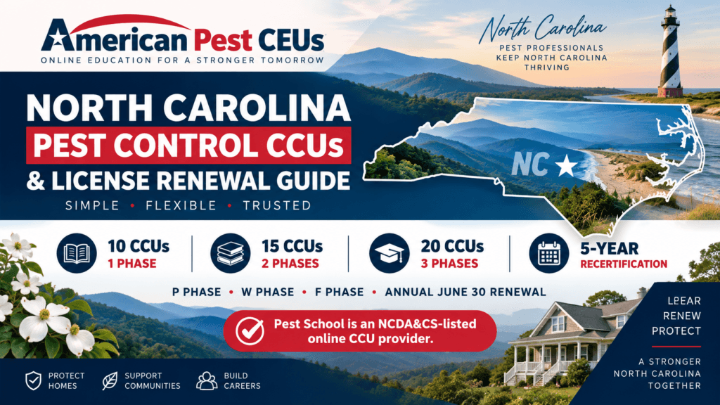 North Carolina pest control CCUs and license renewal guide from American Pest CEUs showing 10, 15 and 20 CCU recertification requirements and P, W and F structural pest control phases.
