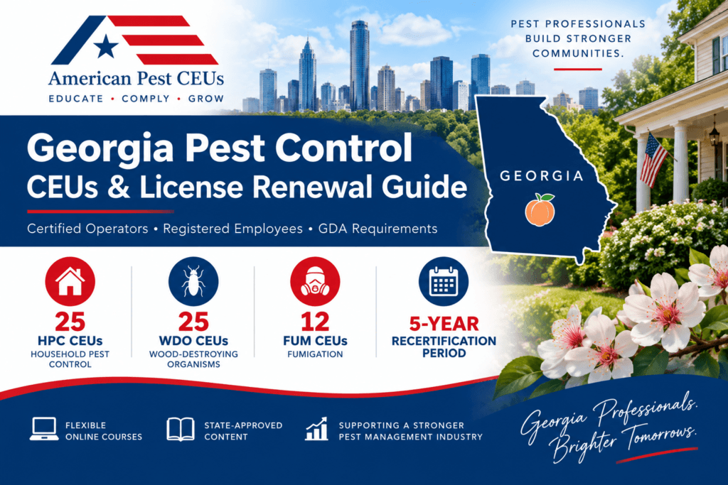 Georgia pest control CEUs and license renewal guide from American Pest CEUs showing Certified Operator requirements for household pest control, WDO and fumigation.