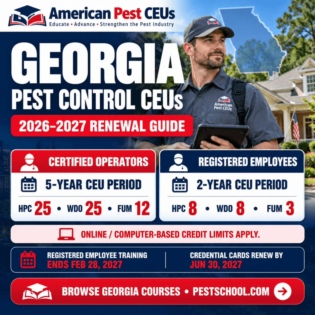 Georgia Pest Control CEUs 2026–2027 renewal guide for Certified Operators and Registered Employees from American Pest CEUs