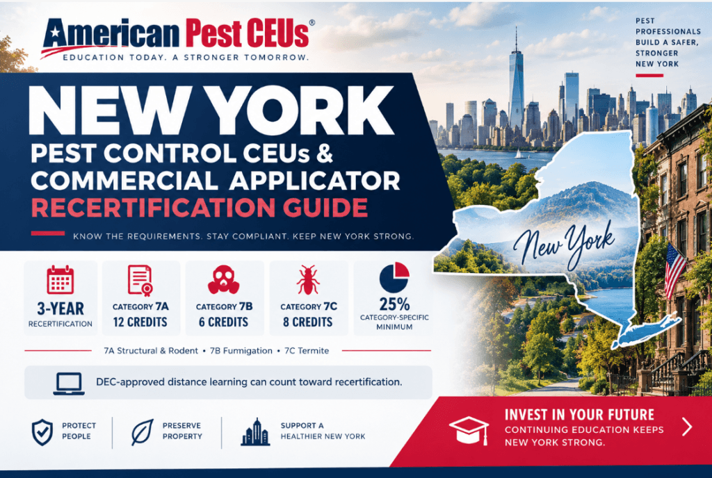 New York pest control CEUs and pesticide applicator recertification guide showing Category 7A, 7B and 7C credit requirements from American Pest CEUs.
